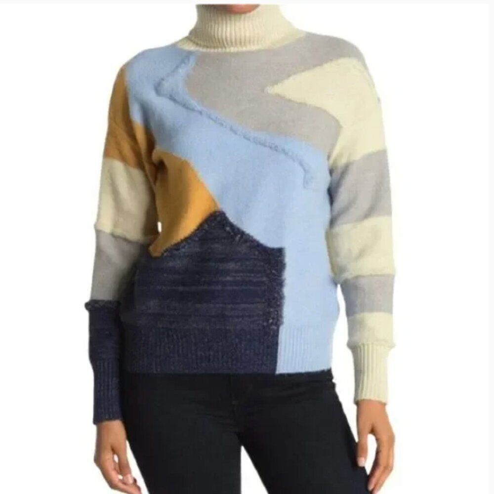 FRNCH Paris Abstract Colorblock Turtleneck Sweater Metallic Patchwork M/L